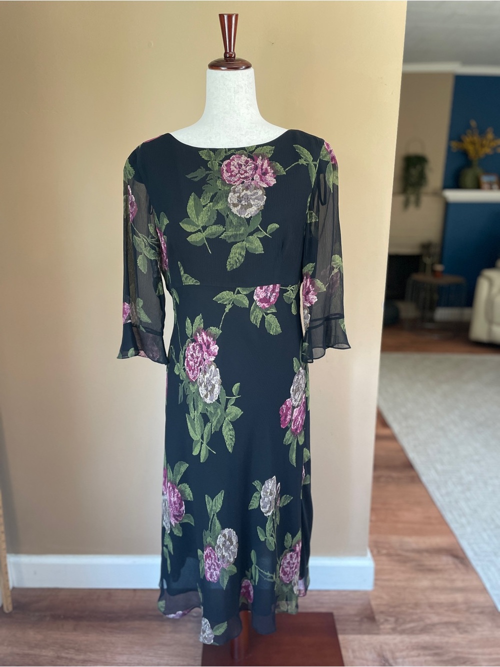 VTG Talbots Dark Floral Silk Dress Size 12 Sheer Feminine Whimsigoth #